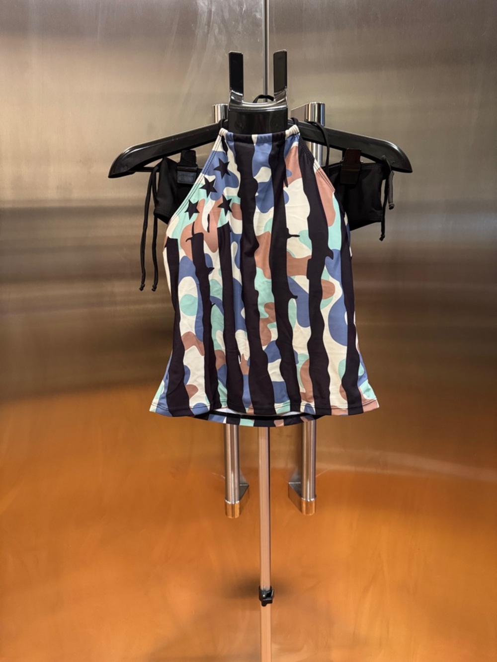 Printed Halter Neck Tank Top in Black, Blue & Brown with Black Bikini bottoms